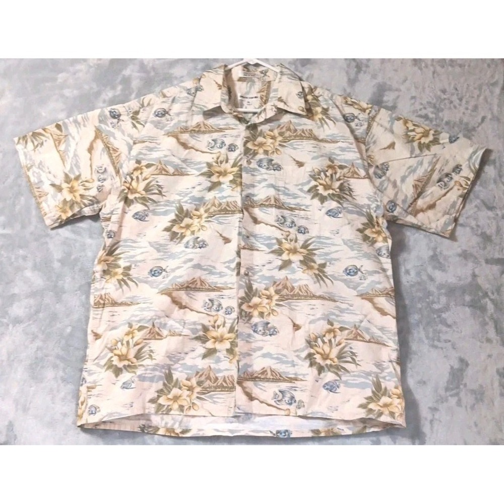 Vtg Pierre Cardin Hawaiian Shirt Mens XL Tan Fish Floral Button Up Short Sleeve
